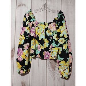 Who‎ What Wear Shirt Ladies Extra Small Cropped Long Sleeve Linen Blend Floral